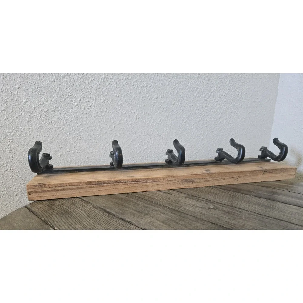 Rustic Farmhouse Wood 5 Hanger Wall Hook with Industrial Black Metal Hardware